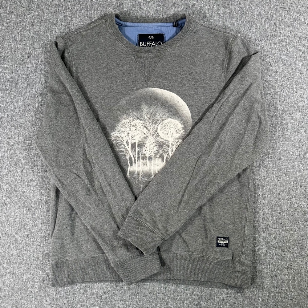 Buffalo David Bitton Mens Gray Moon Tree Graphic Sweatshirt Pullover Size M